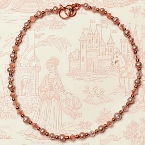 Pink Rose AB Crystal And Freshwater Pink Pearls In Rose Gold Necklace